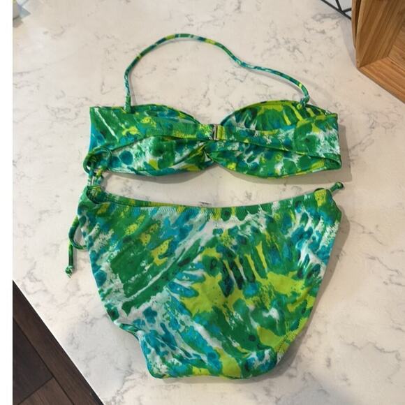 Victoria’s Secret Bandeau Strapless Top M & Hip Tie Bottoms Bikini Green/Yellow - Picture 2 of 5